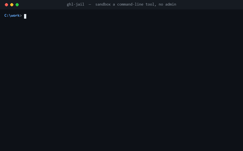 Terminal demo: creating a project, adding ghl-jail, writing inside the project (allowed), reading a secret outside it (Access is denied), no network, running git, and cleanup.